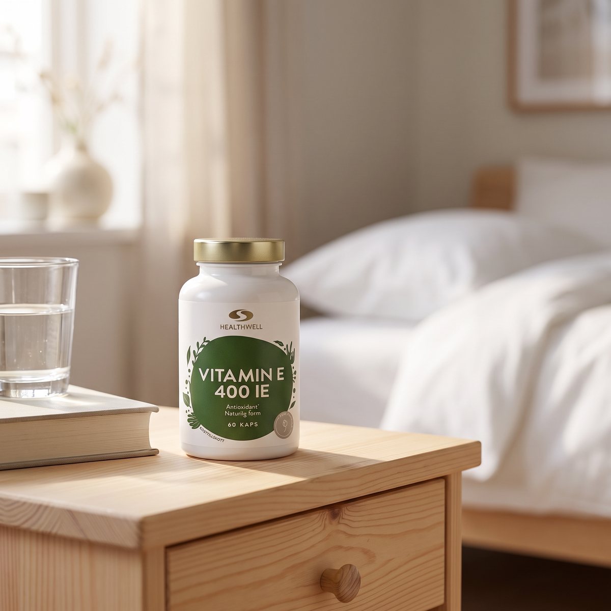 Burk med Healthwell Vitamin E 400 IE på ett nattduksbord i ett ljust svenskt sovrum