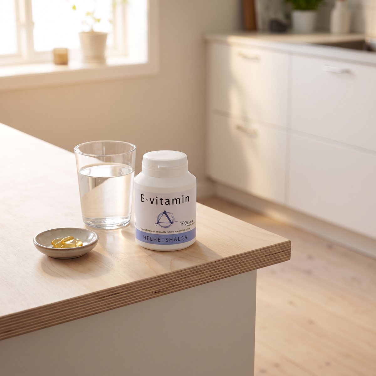Burk med Helhetshälsa E-vitamin på en träbänk i ett ljust svenskt kök, med vattenglas och kapslar i en liten skål