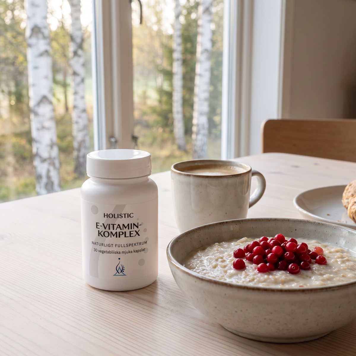 Burk med Holistic E-vitaminkomplex på ett frukostbord med havregrynsgröt och lingon i ett svenskt hem med björkar utanför fönstret
