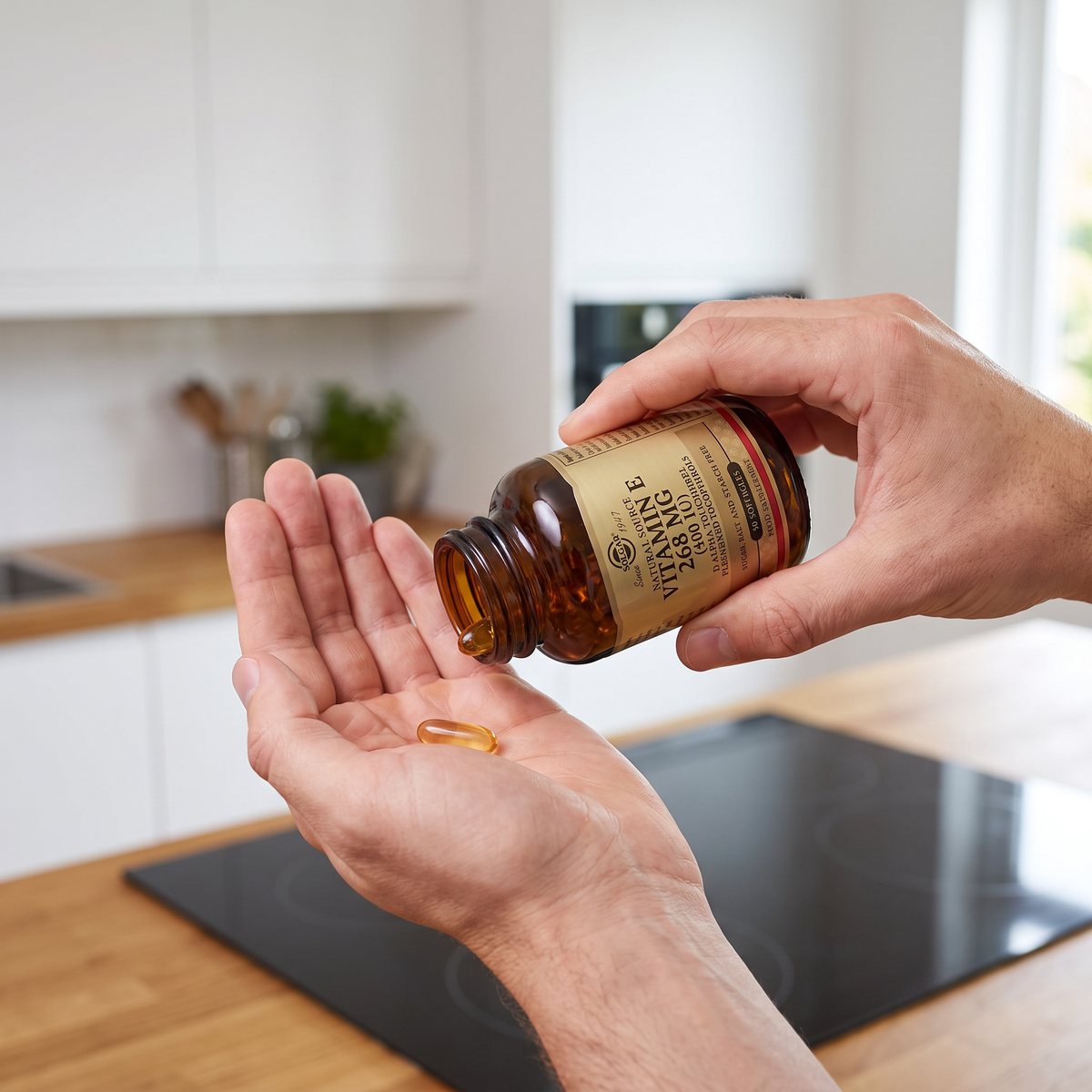 Hand som häller ut en mjuk kapsel ur Solgar Vitamin E i ett svenskt kök med induktionshäll