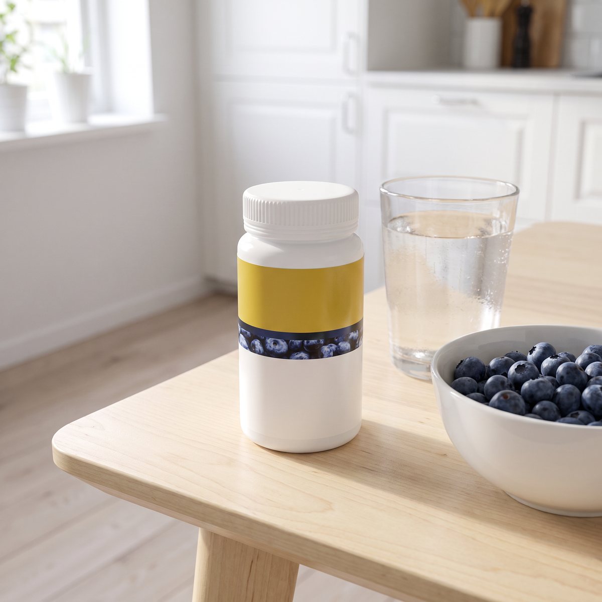 Vitaminburk med vit kapsyl och gult etikettband på ett björkbord med vatten och blåbär i ett svenskt kök