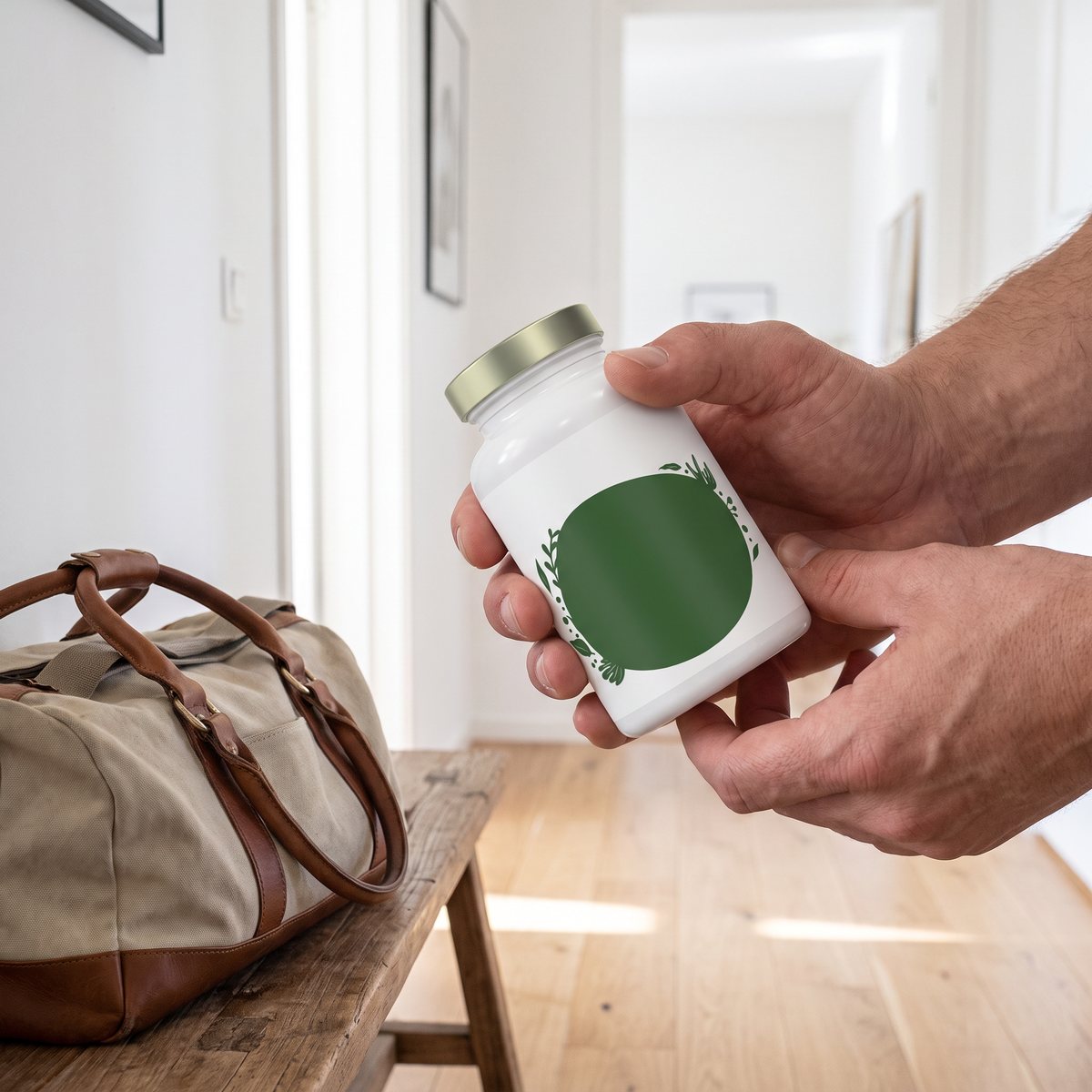Hand som håller en vit burk K2-vitamin i en svensk hall med träningsväska