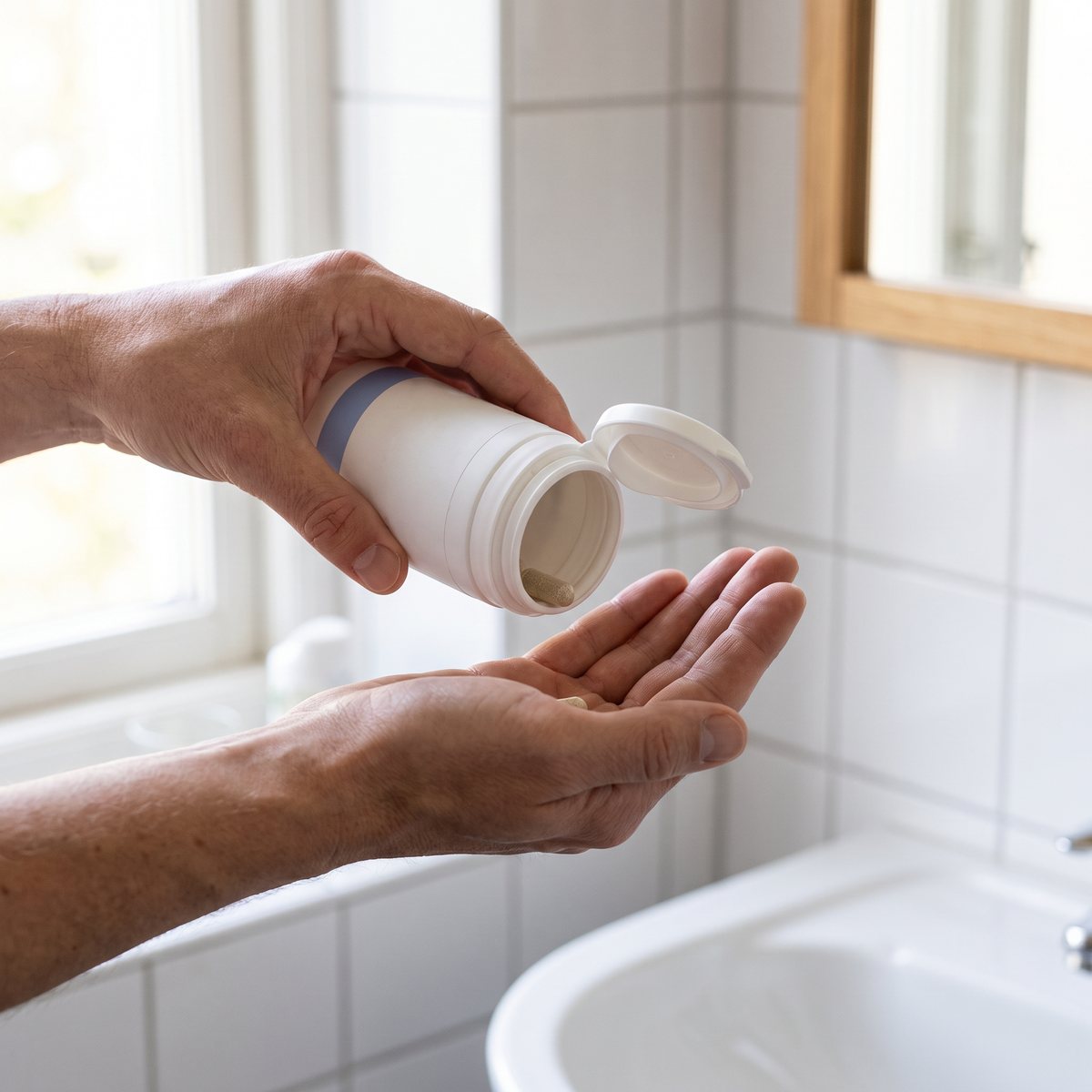 Hand som håller en vit burk K2-vitamin över handflatan vid en hylla i ett svenskt badrum