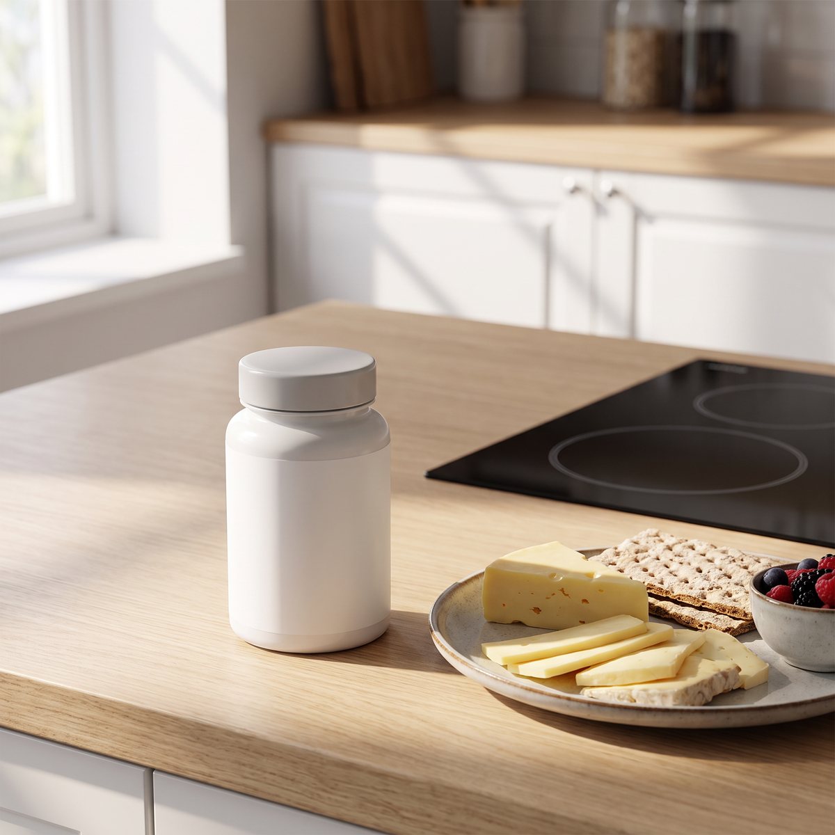 Vit burk med K2 Menakinon-7 på en köksbänk i ett svenskt kök med frukost