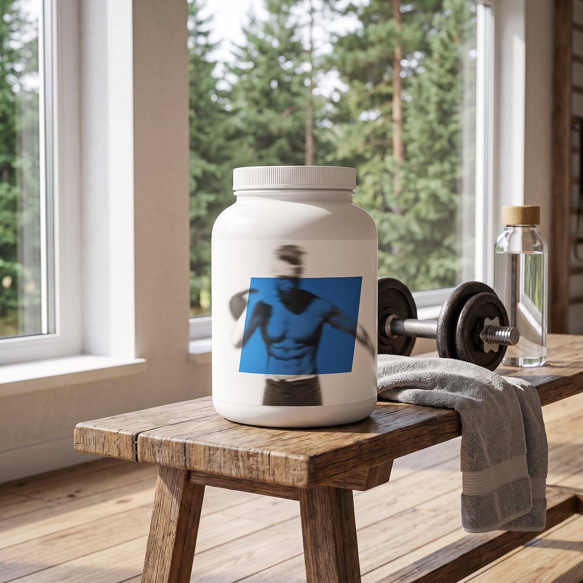 Burk med Core Arginine Complex på en bänk i ett svenskt hemmagym med furuskog utanför fönstret