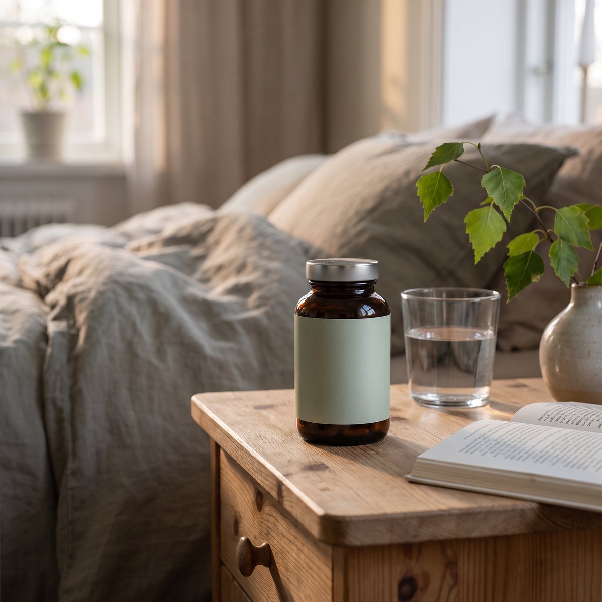 Glasburk med Nordbo L-Arginine Synergy på ett nattduksbord i ett svenskt sovrum