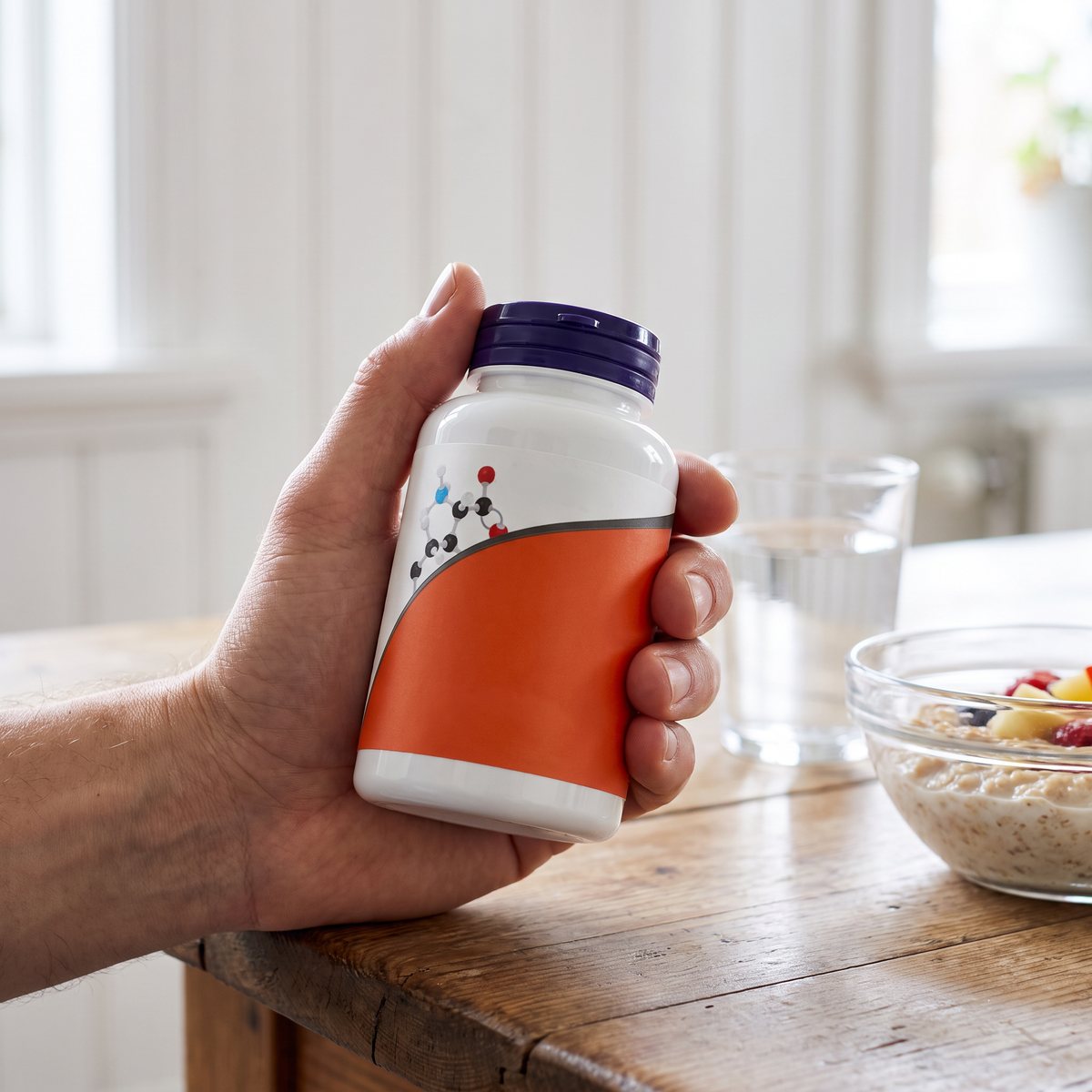 Hand som håller en burk NOW Arginine 500 mg vid ett frukostbord i ett ljust svenskt hem