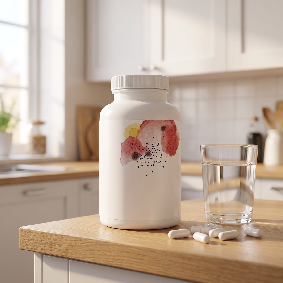 Burk med Thorne L-Arginine SR på en köksbänk i ett svenskt kök, med ett glas vatten bredvid
