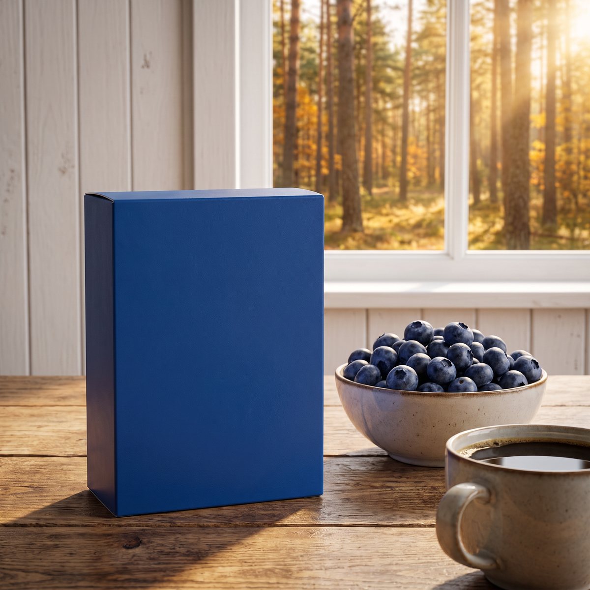 Blå kartong med Elexir Pharma Blue Eye på ett svenskt frukostbord med blåbär och kaffe framför ett tallskogsfönster