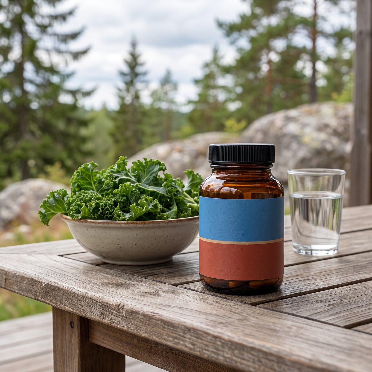 Brun glasburk med Terranova Lutein 20 mg Complex på ett trädäck vid en skål grönkål med svensk tallskog i bakgrunden