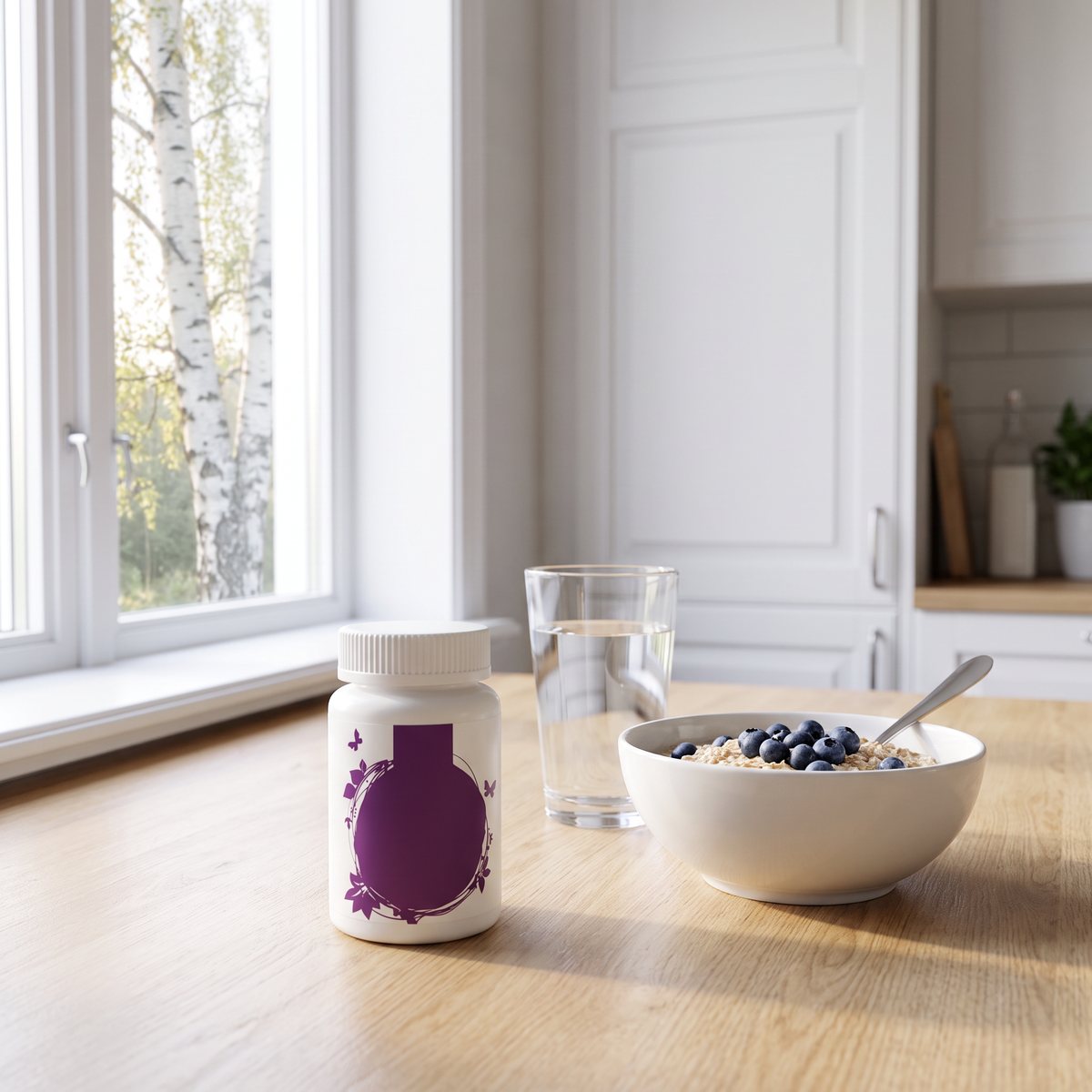 Vit burk med Healthwell Wonderful Eyes på en köksbänk vid ett glas vatten och en skål havregrynsgröt med blåbär i ett svenskt kök