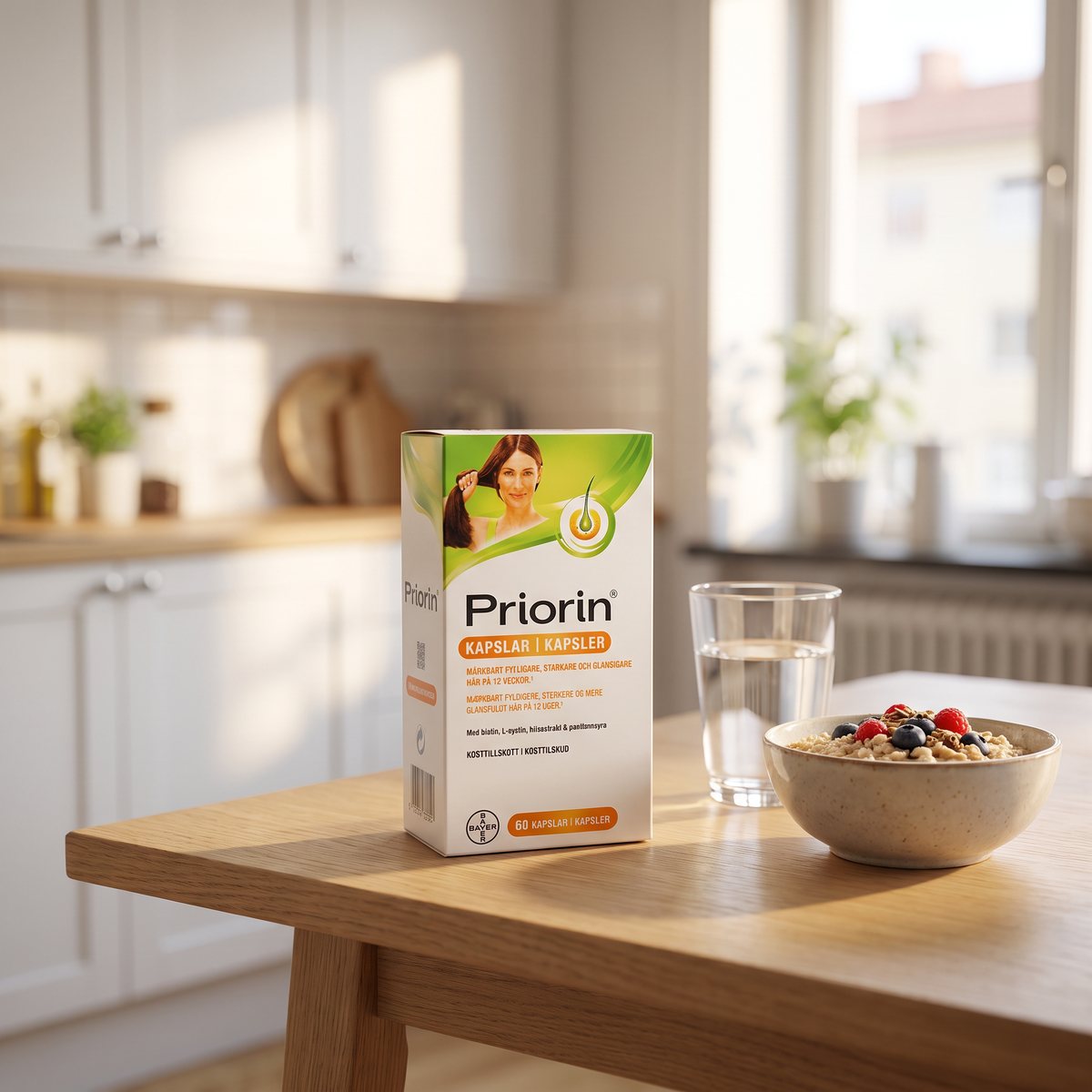 Priorin-kartongen på ett ljust frukostbord i svenskt kök, bredvid vattenglas och havregrynsskål
