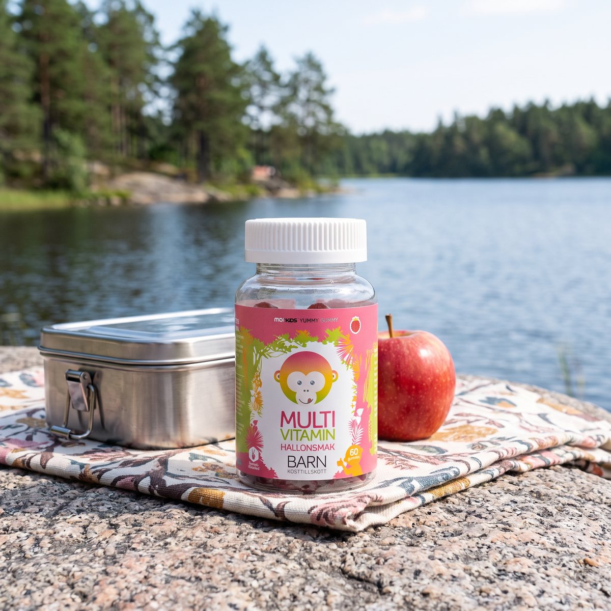 Monkids Multivitamin med hallonsmak på en granithäll vid en svensk sjö