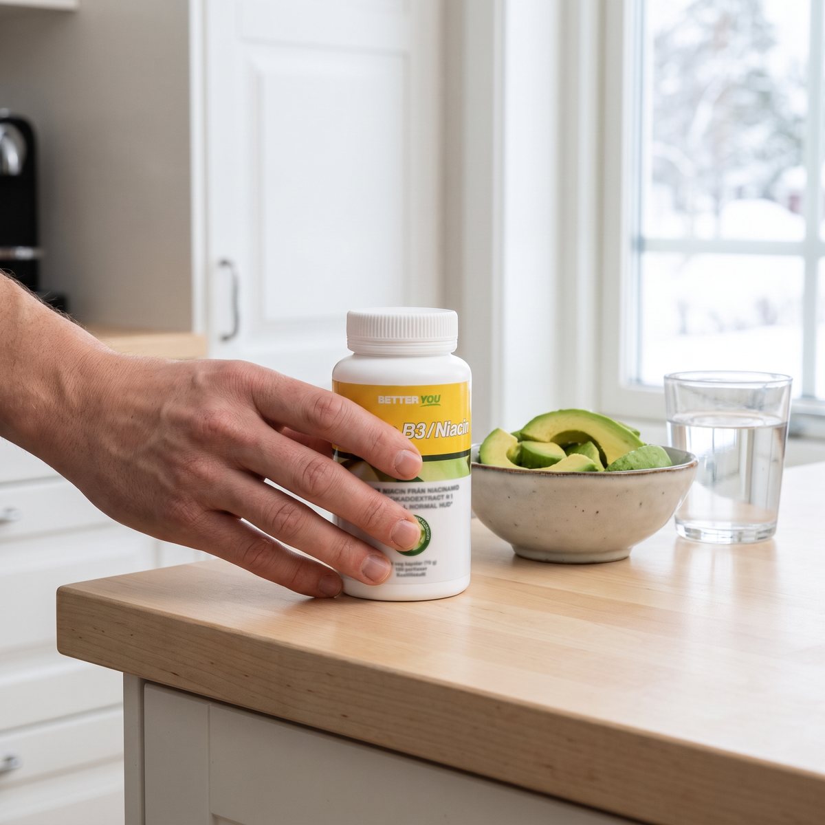 Hand som greppar en burk Better You Vitamin B3/Niacin på en köksö av björk med avokado och vatten i ett svenskt kök