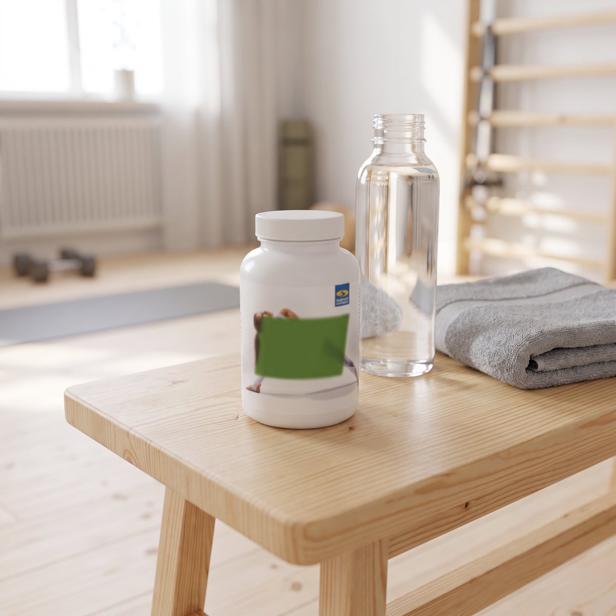 Vit burk med Core Niacin på en furubänk i ett ljust svenskt hemmagym bredvid vattenflaska och handduk