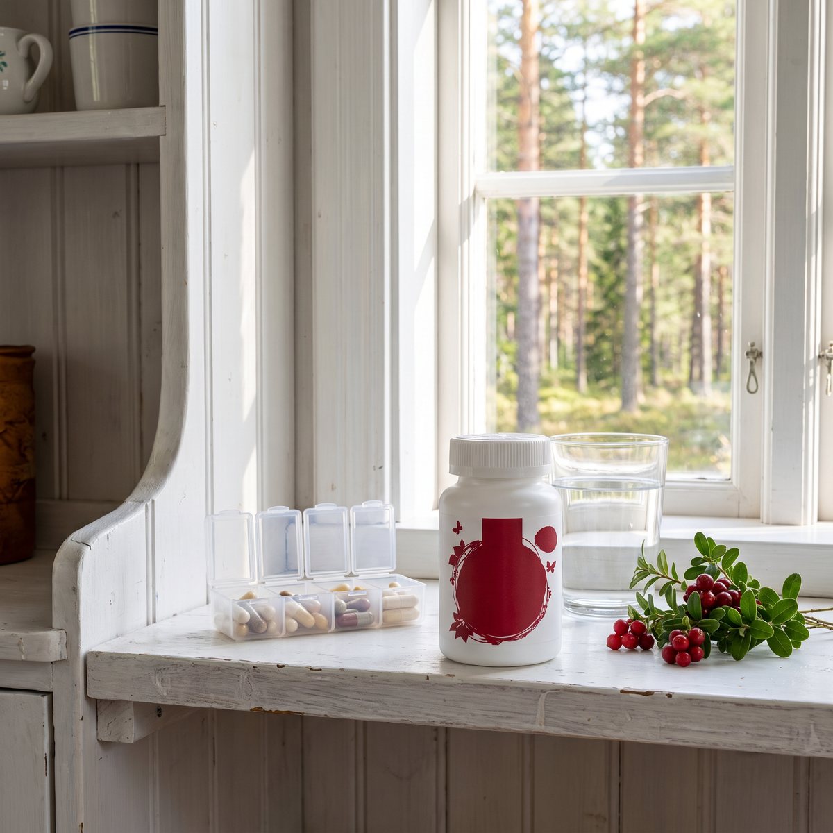 Vit burk med Healthwell Niacin 500 på en fönsterbänk i ett svenskt kök med pillerdosa, vatten och lingonris