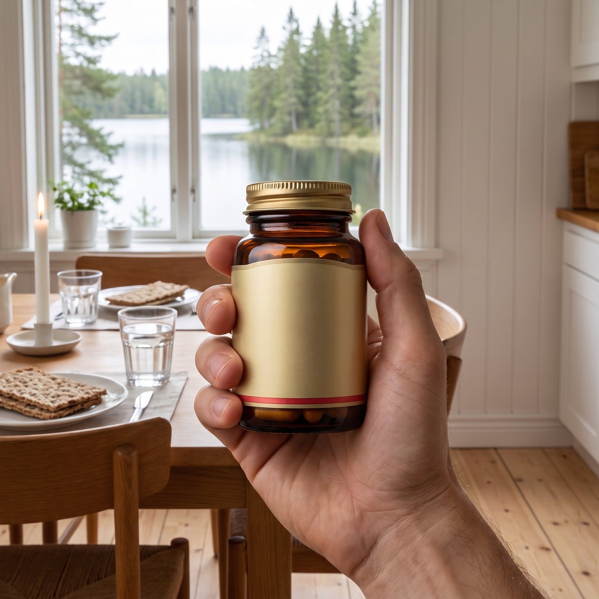 Hand som håller en brun glasburk med Solgar No-Flush Niacin över ett svenskt frukostbord med knäckebröd och en sjö utanför fönstret