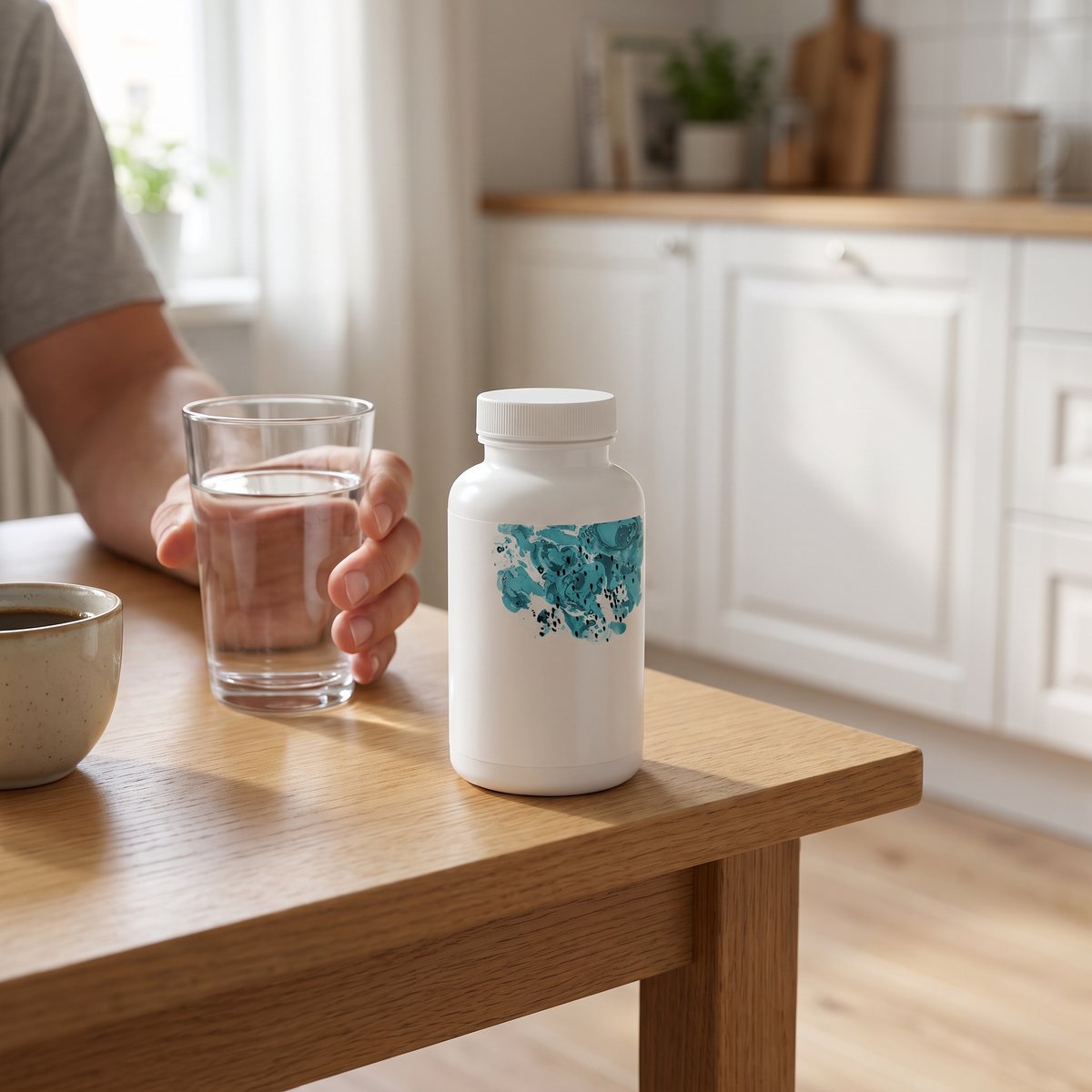 Vit kapselburk med Thorne Niacinamide på ett ljust ekträbord bredvid ett vattenglas i ett svenskt kök