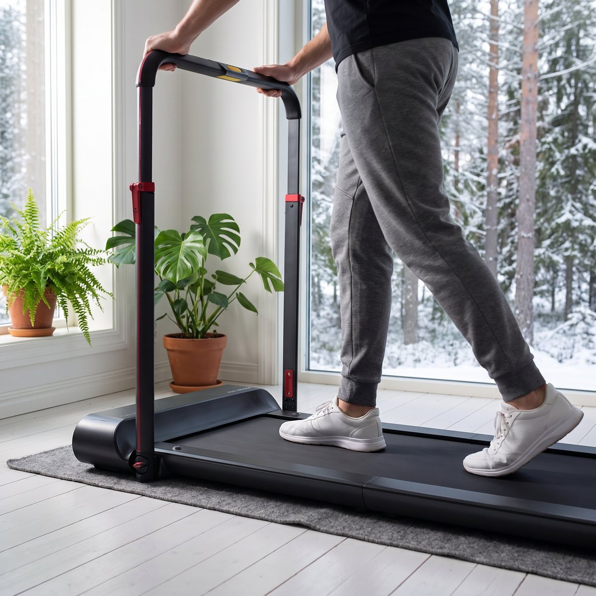 Person går på Gymstick WalkingPad Pro med händerna på räcket i ett svenskt vardagsrum med snöig granskog utanför