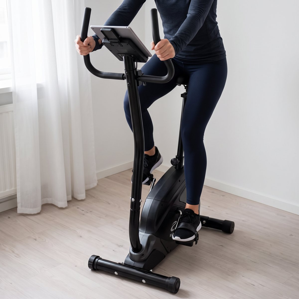 Abilica Bike 20 motionscykel i ett litet svenskt rum med vita väggar, ljust golv och skira gardiner