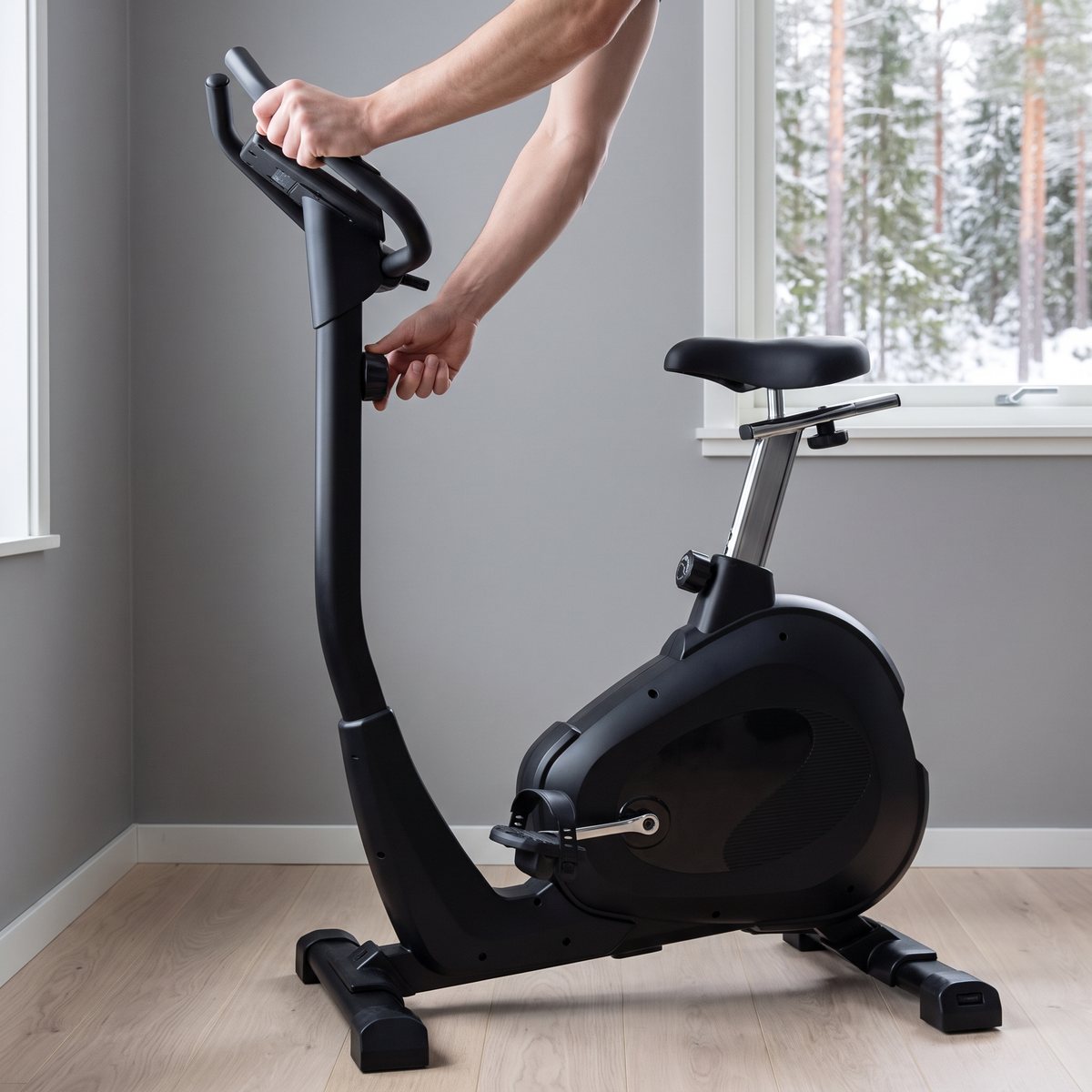 Master Fitness B4210 Black Edition motionscykel i ett svenskt hemmagym med grå vägg och snöig tallskog utanför fönstret