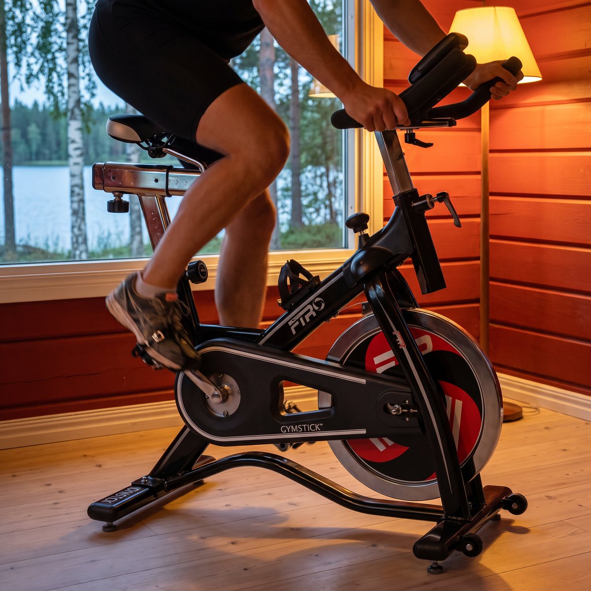 Gymstick FTR Indoor Racer spinningcykel i en svensk stuga med rödmålade träpaneler och utsikt över sjö och björkskog