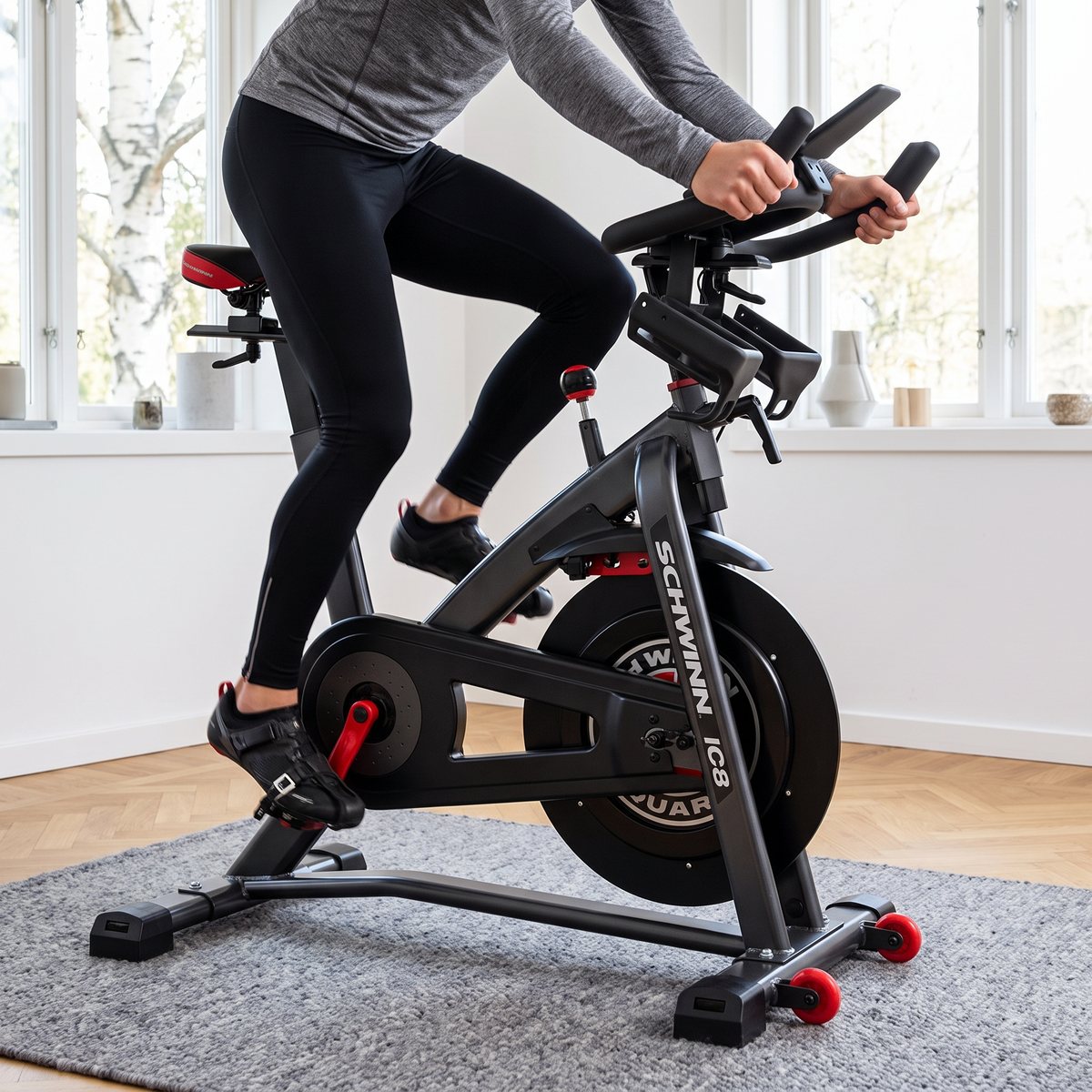 Schwinn 800IC spinningcykel i ett ljust svenskt vardagsrum med ekparkett och björk utanför fönstret