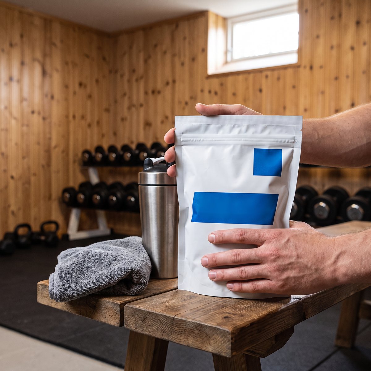 Vit påse med argininpulver på en träbänk i ett svenskt hemmagym med furupanel, bredvid en shaker och en handduk