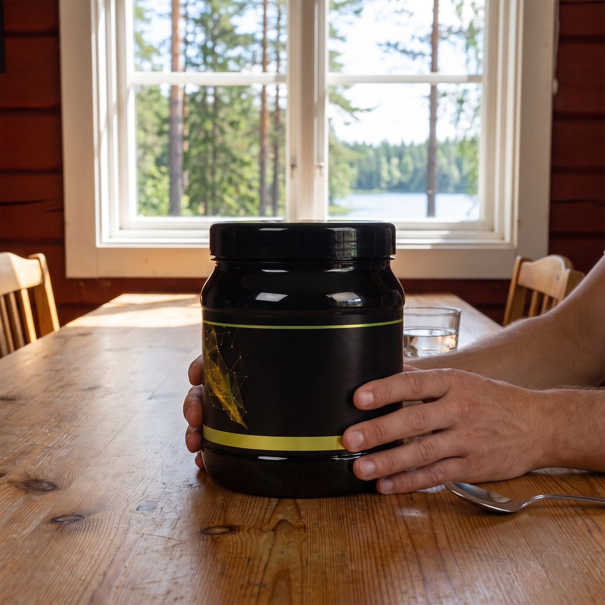 Svart burk med argininpulver på ett träbord i en svensk stuga med rödmålade väggar och utsikt mot tallskog och sjö