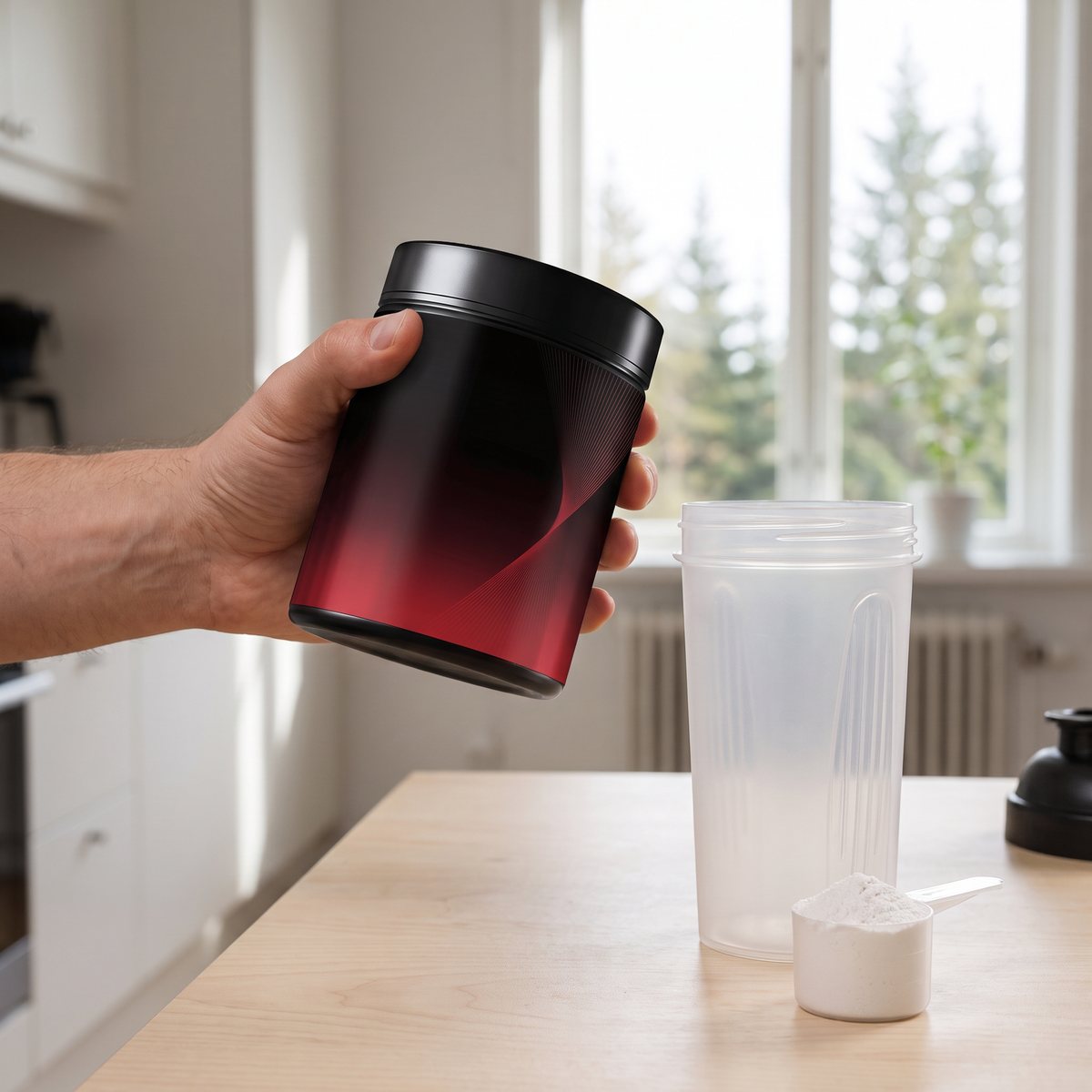 Hand som håller en svart och röd burk med argininpulver bredvid en shaker på ett björkbord i ett svenskt kök
