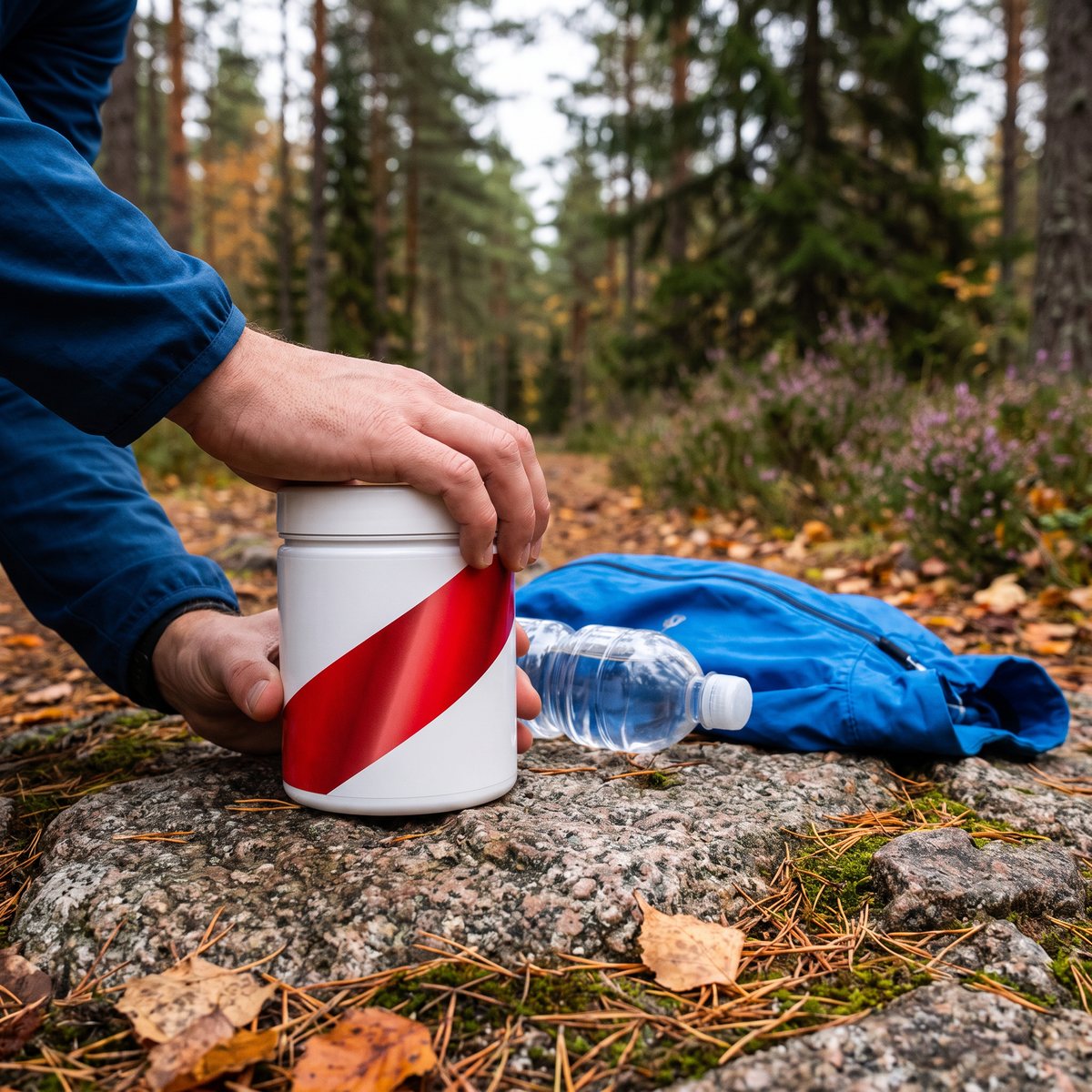 Vit burk med AAKG-pulver på en granitklippa i en svensk tallskog på hösten, bredvid en vattenflaska och en jacka