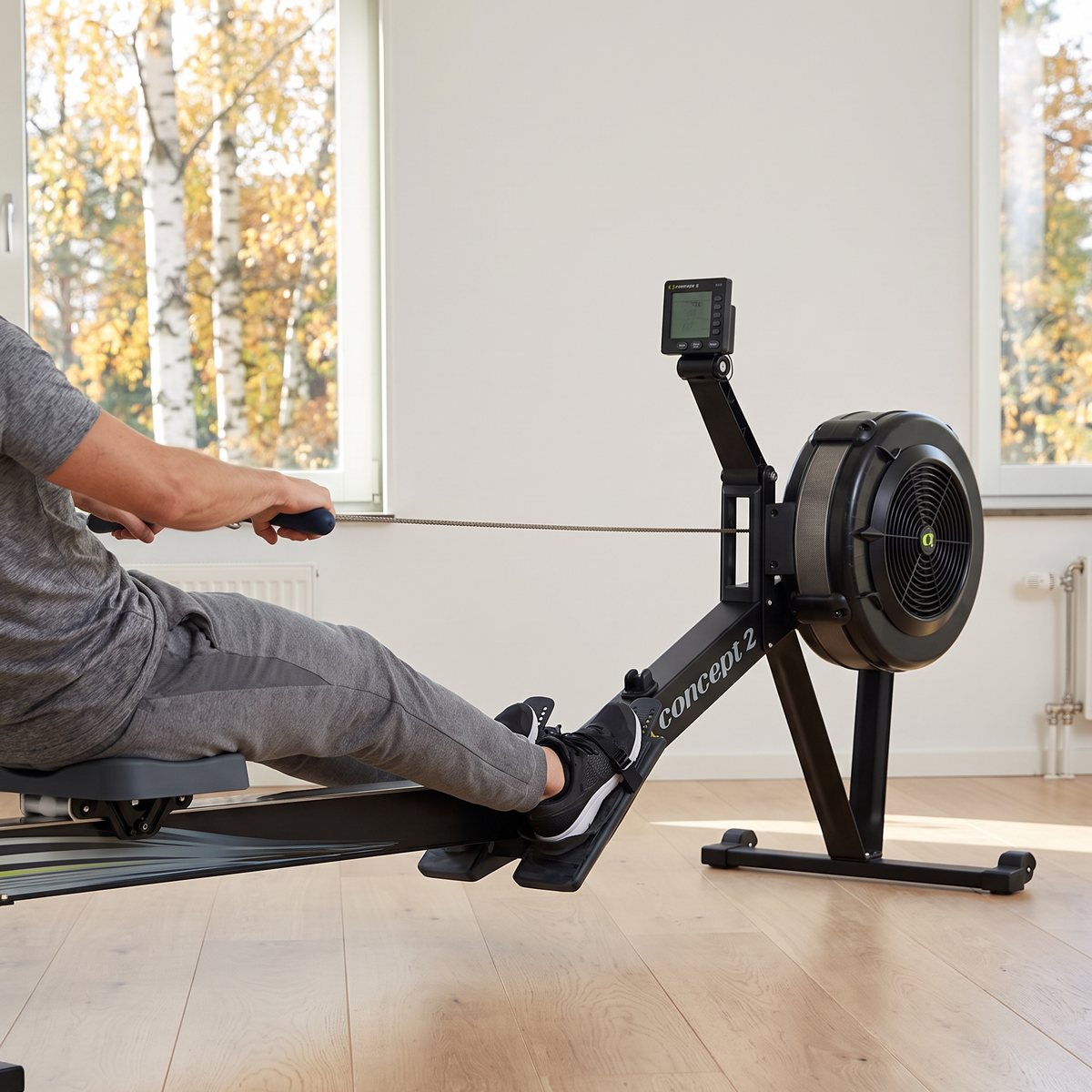 Concept2 RowErg med svart fläkthjul och PM5-mätare används i ett ljust vardagsrum med ekgolv och björkar utanför fönstret