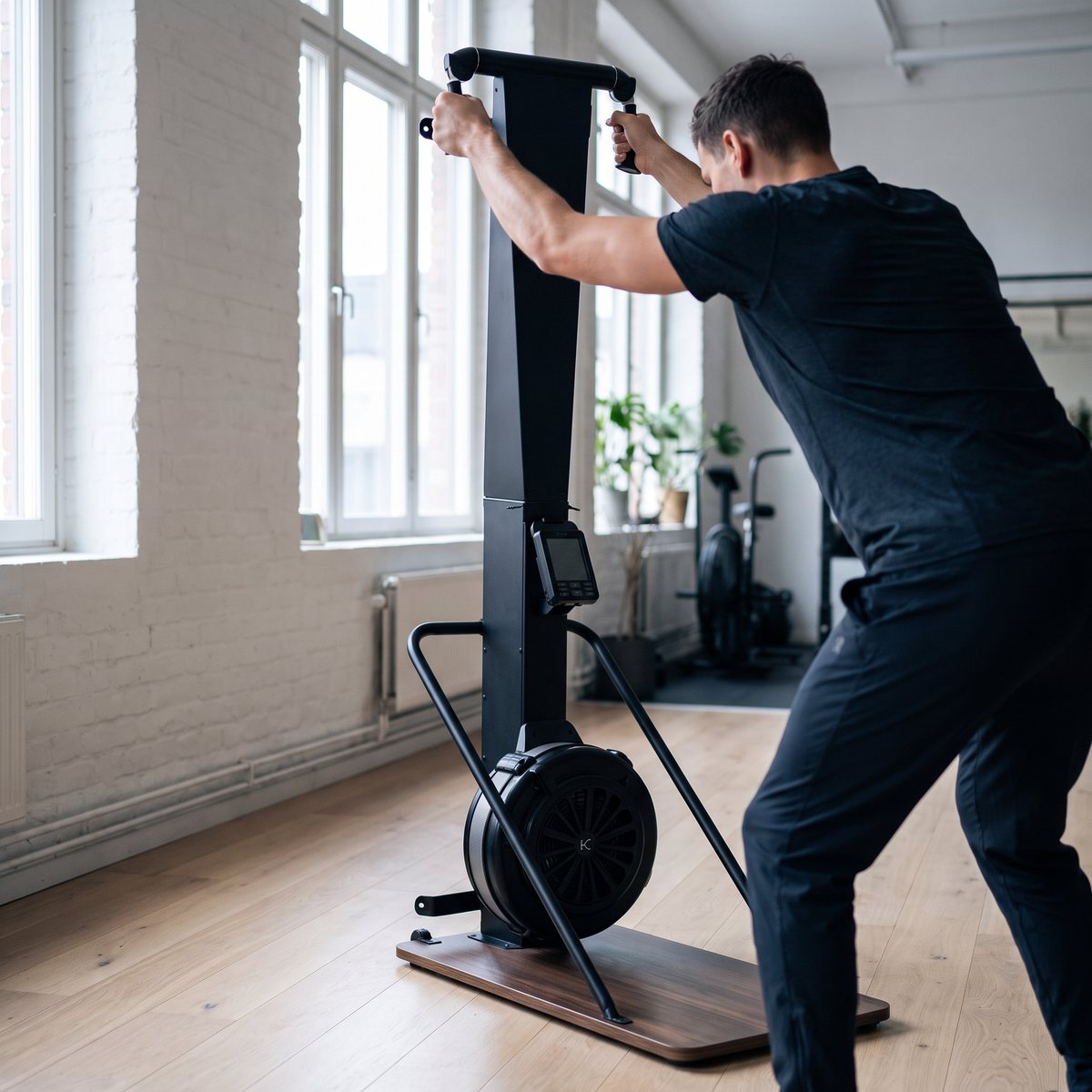 CENTR x HYROX Perform Series i ett ljust svenskt gym med vit tegelvägg och trägolv, en person tar tag i handtagen