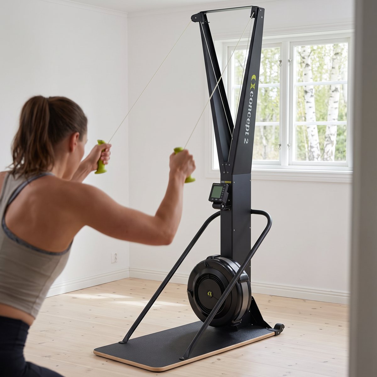 Concept2 SkiErg med gröna handtag i ett ljust svenskt rum med björkar utanför fönstret, en person drar i linorna