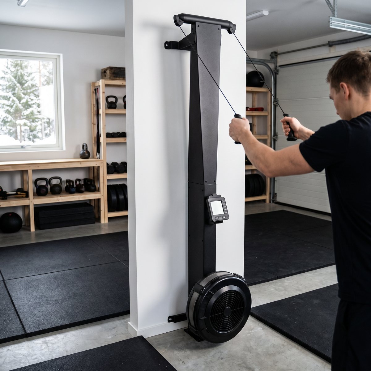 Master Fitness SkiTrainer S140 monterad på vägg i ett svenskt garagegym, en person drar i handtagen