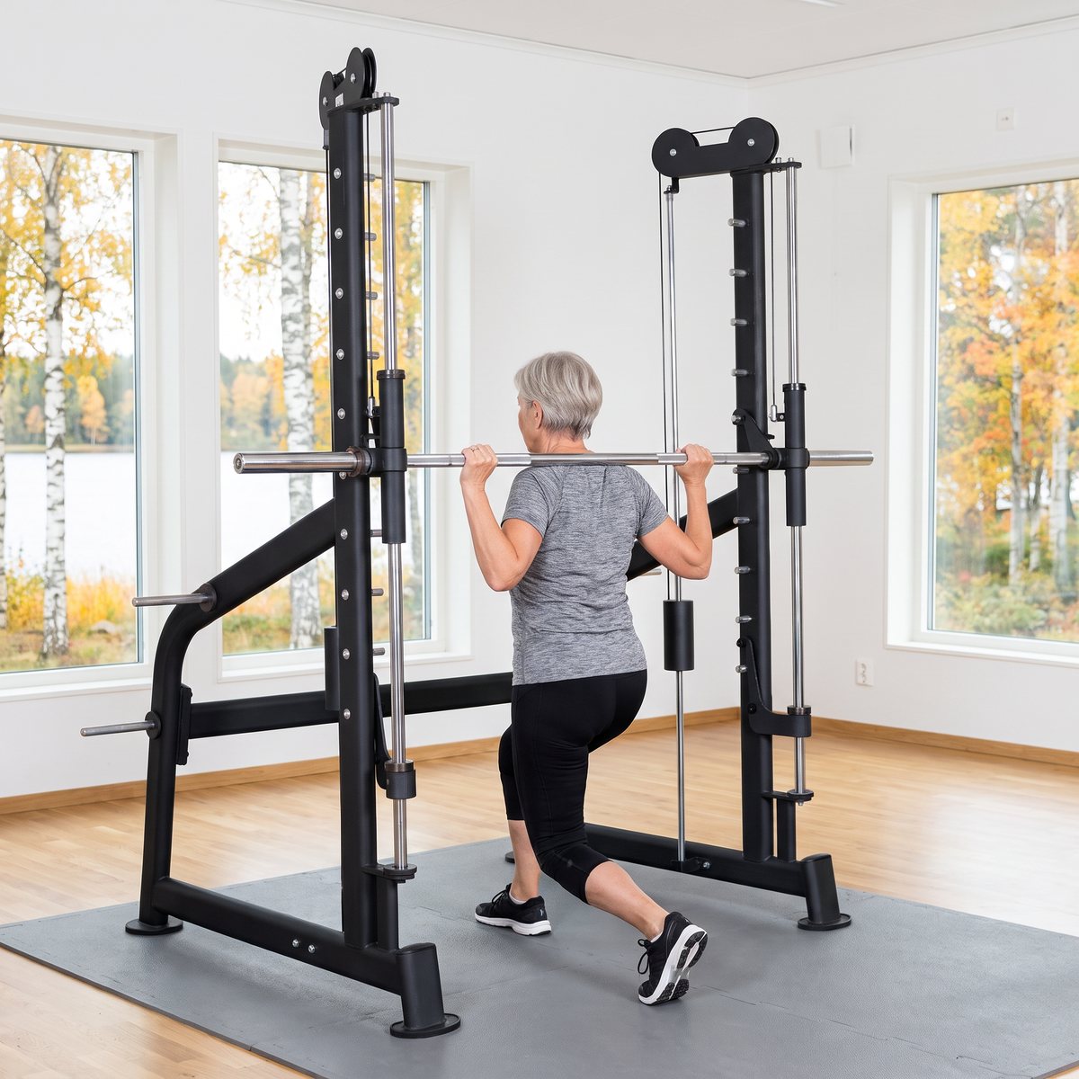 BH Fitness L350B motbalanserad smithmaskin vid utfall med tom stång i ett ljust träningsrum med utsikt över en svensk sjö