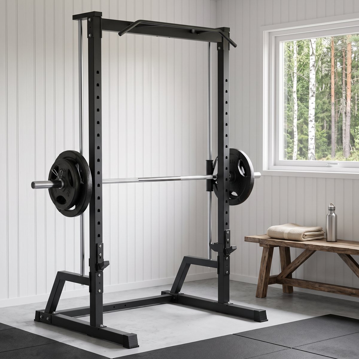 Gymstick Smith Half Rack i ett svenskt hemmagym med lastad smithstång