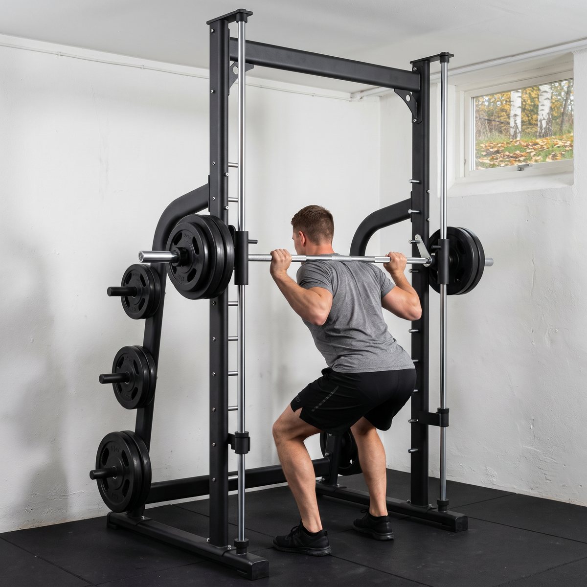 Gymstick Smith Machine med lastad smithstång vid knäböj i ett källargym i en svensk villa, gummimattor och björkar utanför fönstret