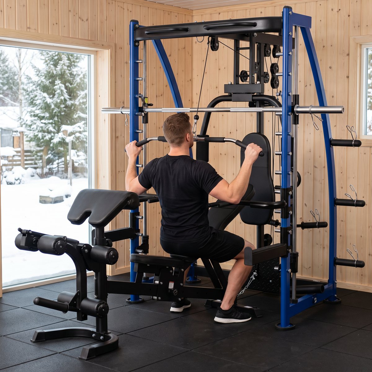 Maxxus 8.1 med träningsbänk vid latsdrag i ett garagegym med furupanel och snöig svensk vintertomt utanför