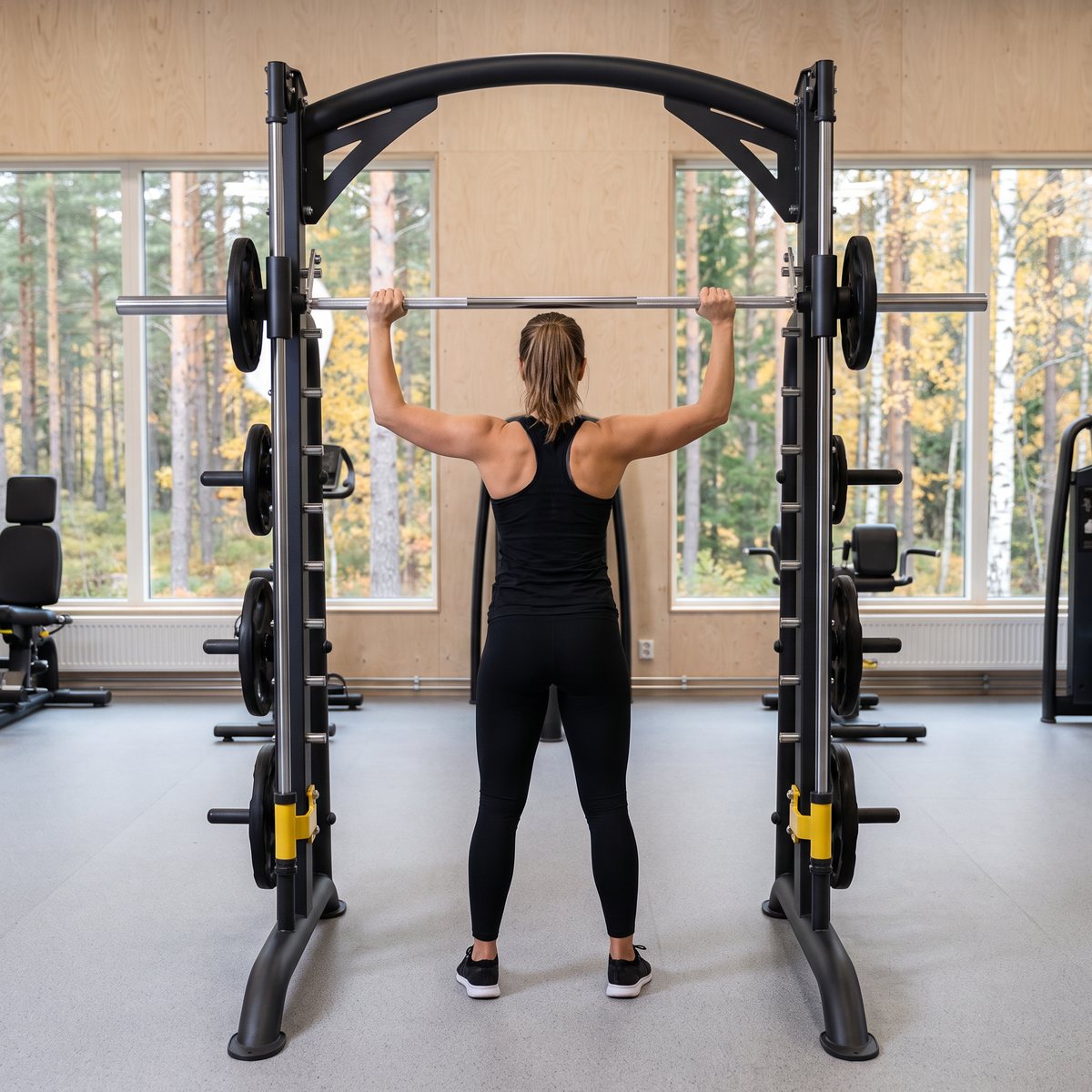 Spirit SP-4222 Smith Machine vid stående axelpress i ett ljust föreningsgym med fönster mot svensk höstskog