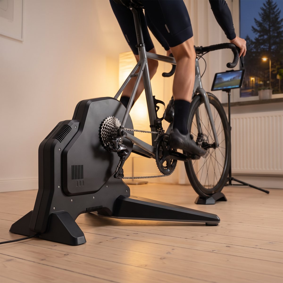 Tacx FLUX S Smart med grå racercykel och surfplatta på stativ i ett gästrum med ljust trägolv en höstkväll
