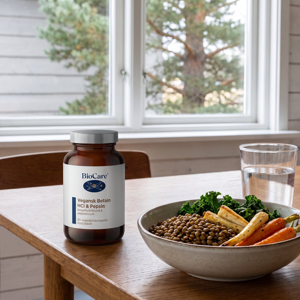BioCare Vegansk Betain HCL & Pepsin på ett matbord bredvid en vegetarisk middagsskål i ett svenskt hem