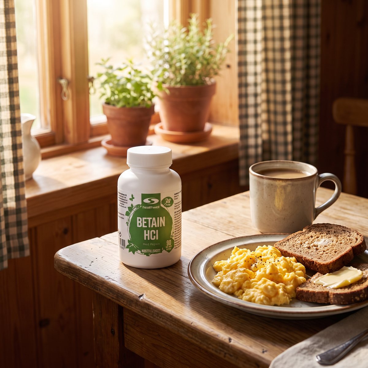 Healthwell Betain HCL på ett litet frukostbord vid fönstret i ett svenskt kök med ägg, rågbröd och kaffe