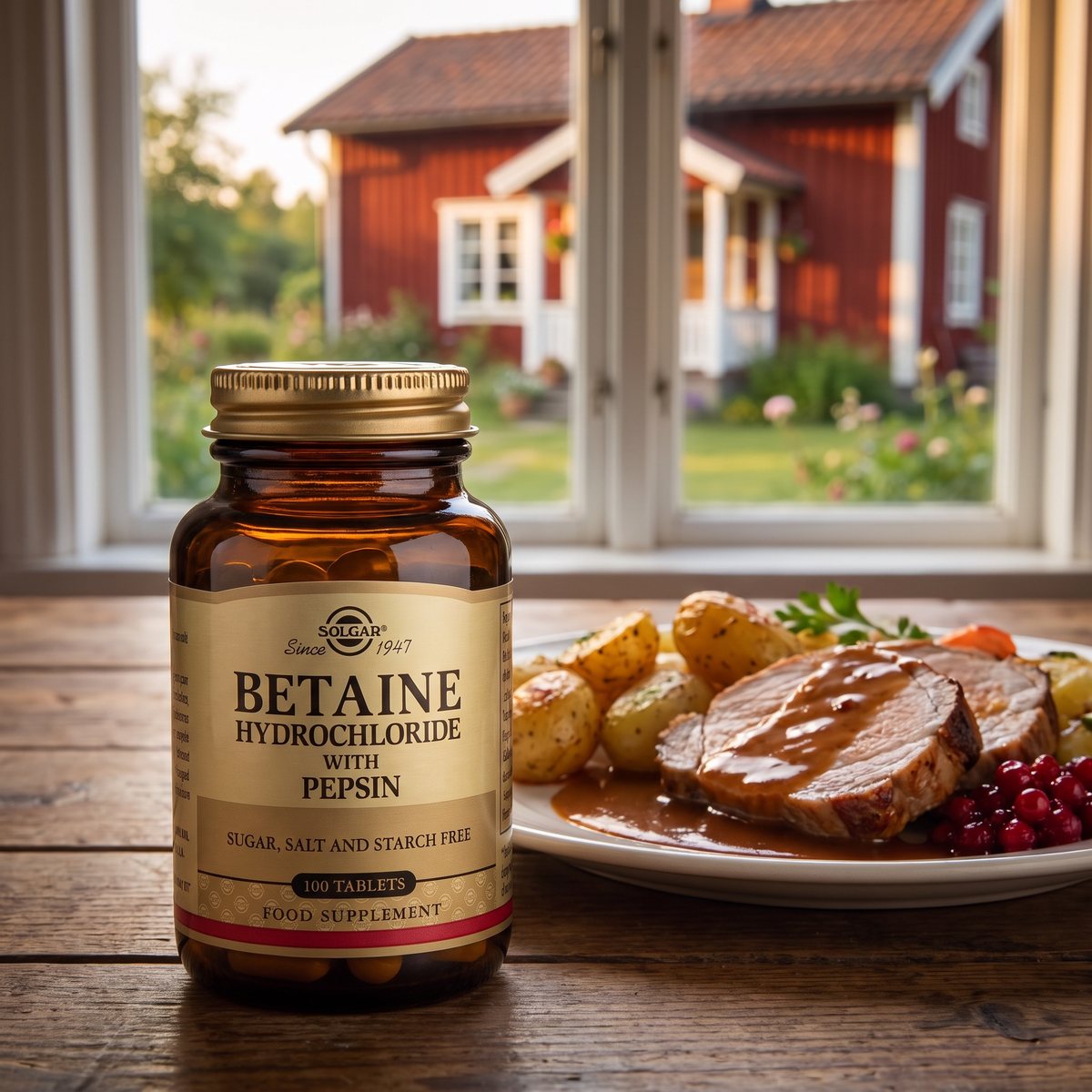 Burk med Solgar Betaine Hydrochloride på ett träbord vid en svensk middag med fläskstek, potatis och lingon, rött trähus utanför fönstret