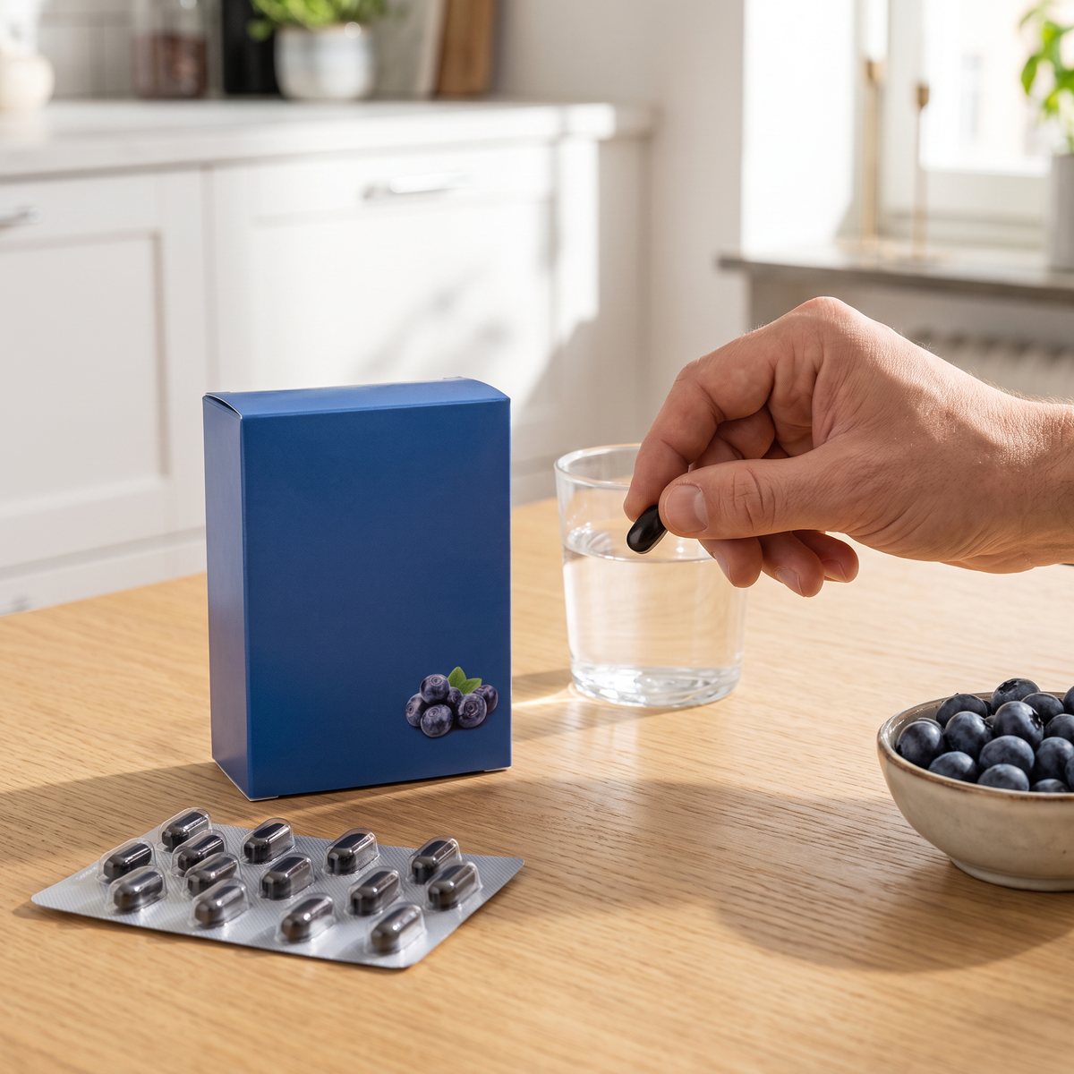 Blå ögonvitaminask med blisterkarta och en hand som tar en mörk tablett vid ett glas vatten i ett svenskt kök