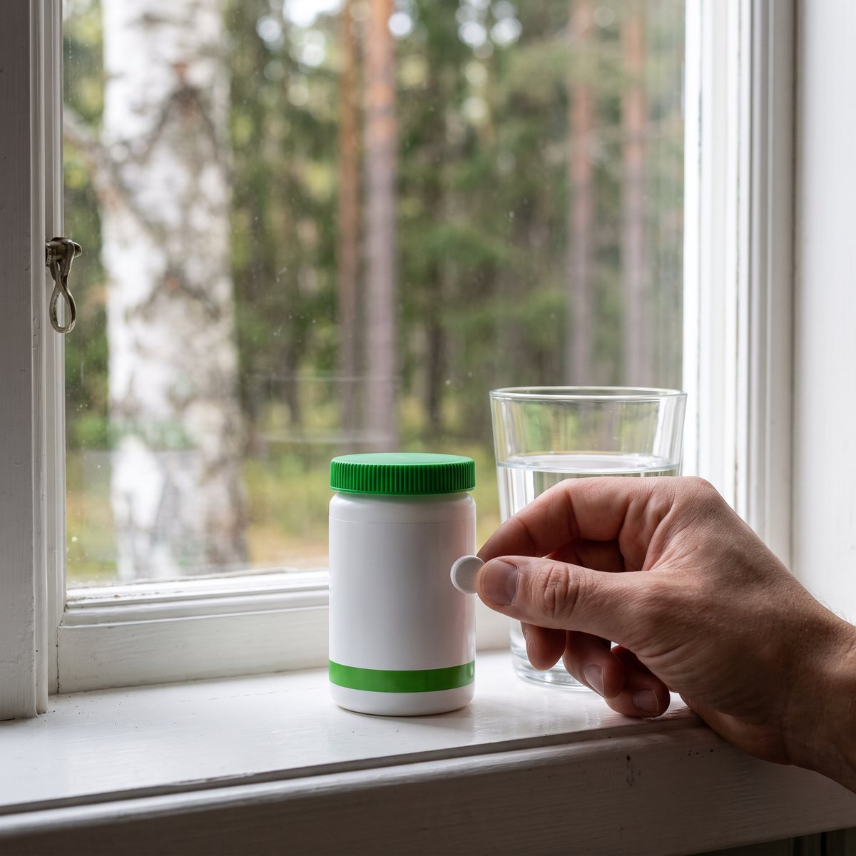 Vit burk med grönt lock på ett vitt fönsterbräde med utsikt mot björk och tallskog, en hand håller en tablett vid ett vattenglas