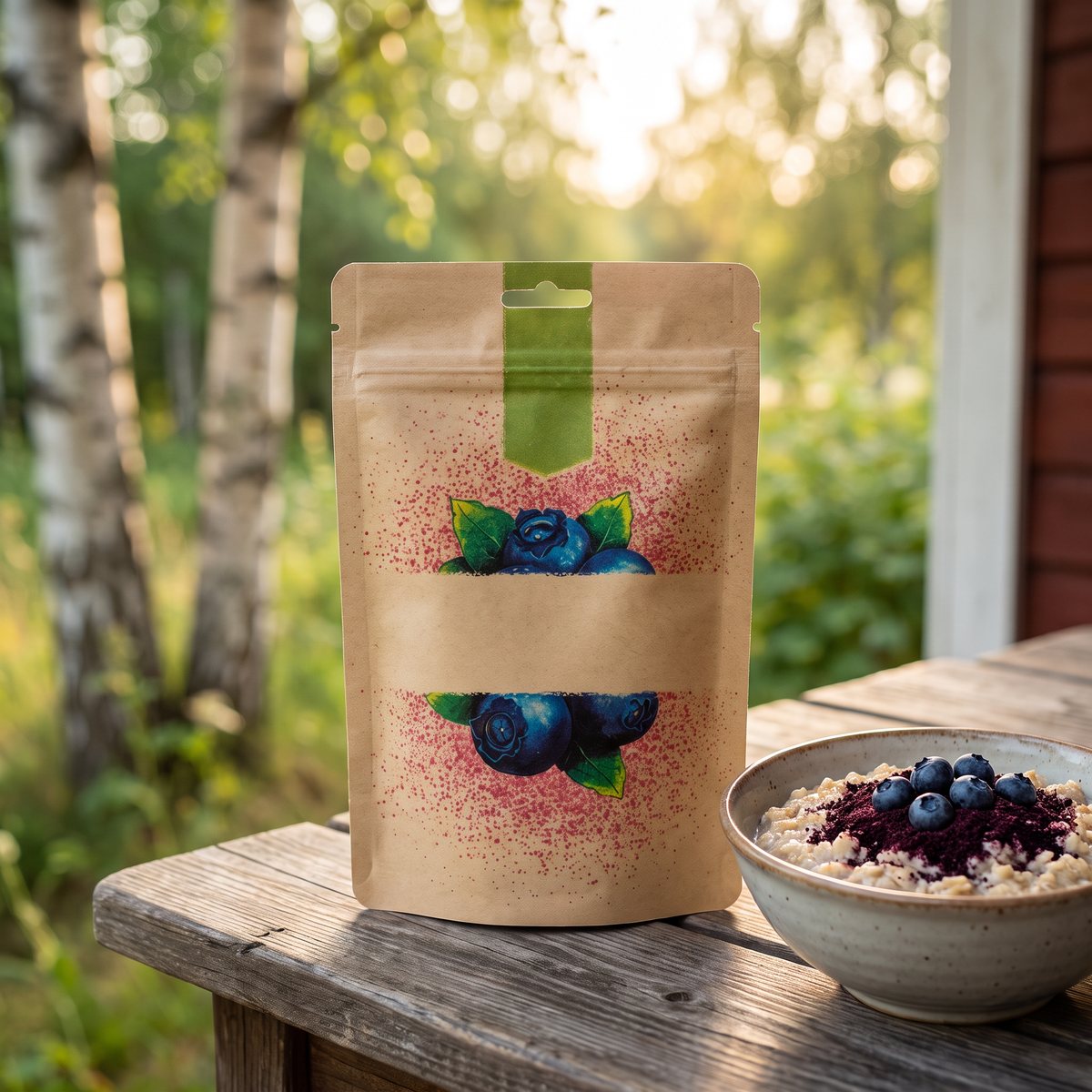 Påse med Rawpowder ekologiskt blåbärspulver bredvid en skål havregrynsgröt på en stugaltan