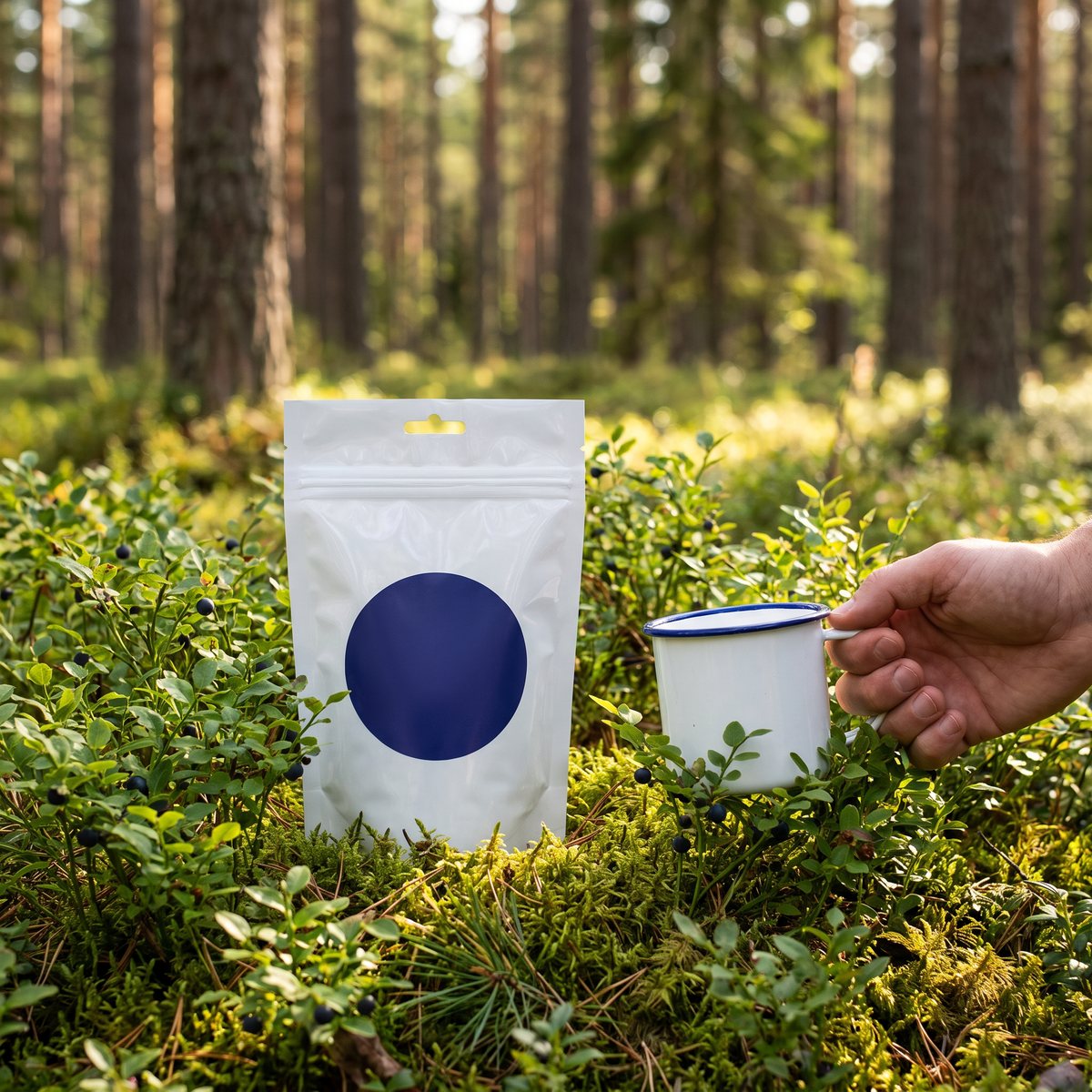 Påse med Superfruit Blåbärspulver i blåbärsskog med mossa och blåbärsris