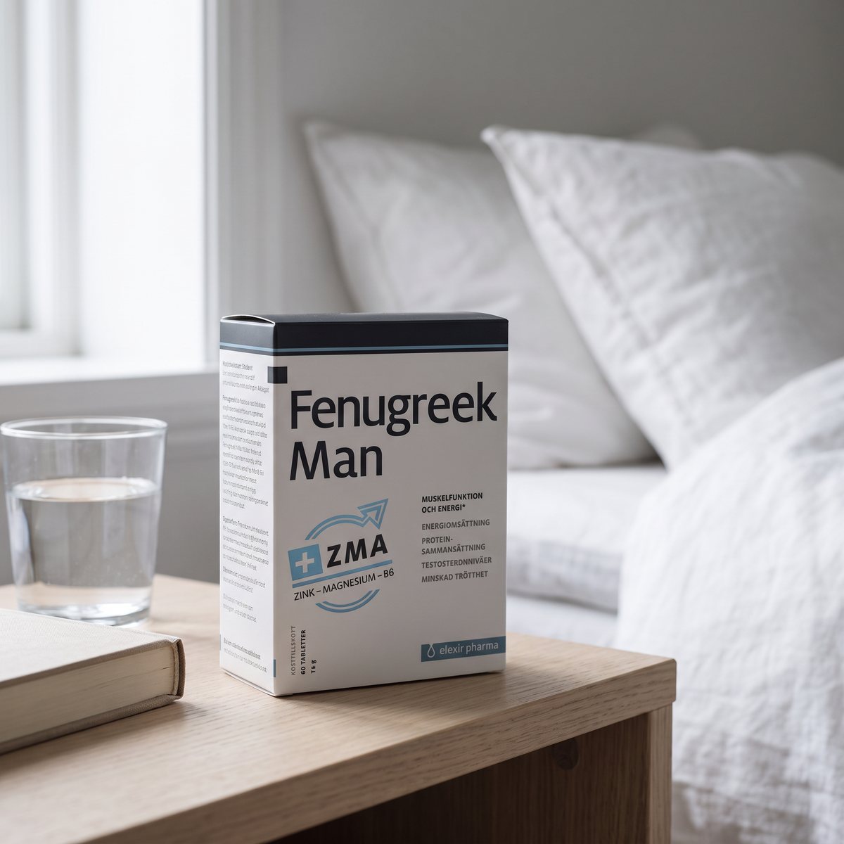 Elexir Pharma Fenugreek Man-förpackning på ett nattduksbord i ett svenskt sovrum