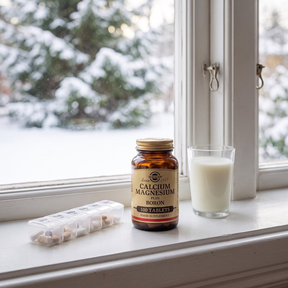 Burk med Solgar Calcium Magnesium plus Boron på en fönsterbräda bredvid dosett och mjölkglas med snöig granskog utanför